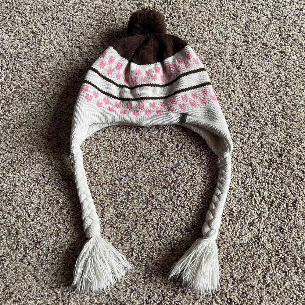 The North Face Girls Youth Brown Pink Heart Knit Beanie Ear Flap Tassel One Size